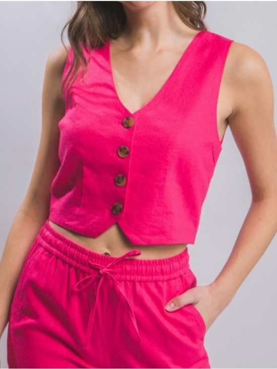 Love Tree Tops - Love Tree Hot Pink Linen Blend V-Neck Button Vest